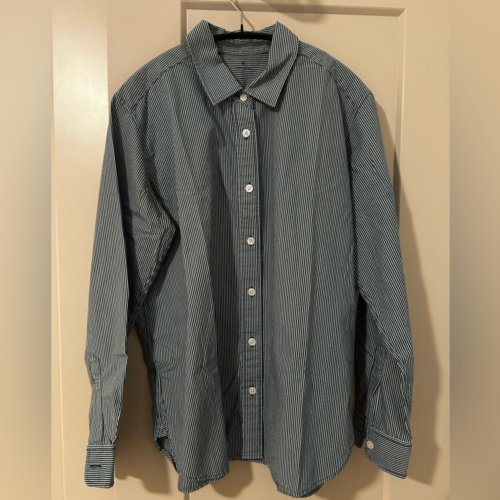 Muji Women's Green and White Striped Button Down Shirt
